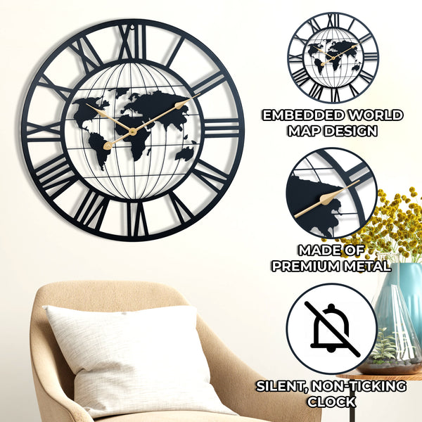 Round Metal Wall Clock, Black Embedded World Map, 24" Silent Roman Numeral Decorative Clock, Home Office Decor-Sona Casa