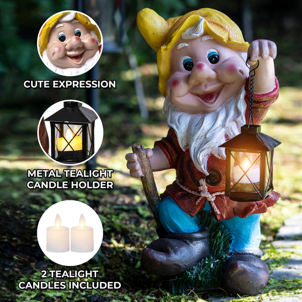 Outdoor Gnome Statue, Metal Lantern, Large 16" Yard Art