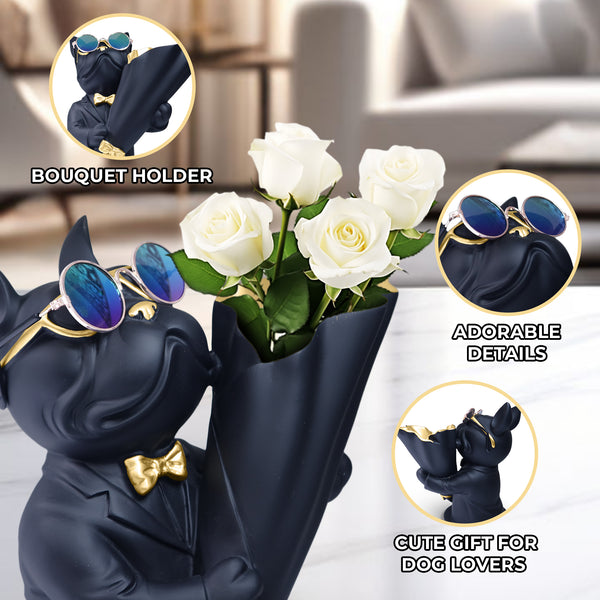 Dog Statue with Bouquet Holder Black Home Decor Accent, Polyresin Artwork Tabletop Centerpiece 9 inch 22 cm