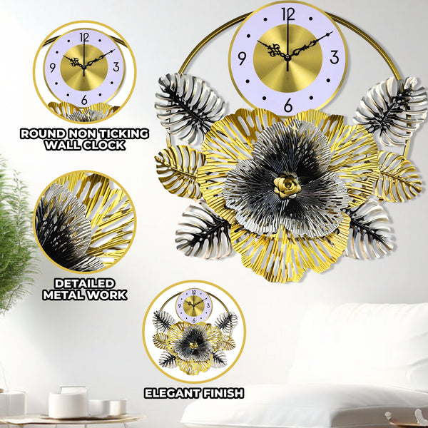 Floral Metal Wall Clock, 24" Home Decor, Silent Nonticking Extra Large Decorative Clock Wall Decor