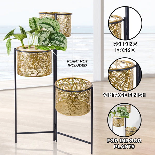 Indoor Metal Planters, 32" Golden Living Room Patio Decor, 3-Tier Rustic Farmhouse Plant Pots with Stand