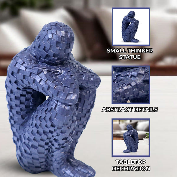 Small Abstract Sculpture, The Thinker, Polyresin Artwork, Navy Blue Home Decor Gift 5 inch 13 cm