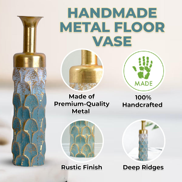 Rustic Elegance Handcrafted Tall Metal Floor Vase, Gold & Green, 26-Inch For Pampas & Dry Flowers