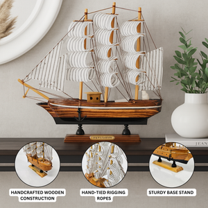 Brown Wooden Sailboat Model With Realistic Cloth Sails - Nautical Marine-Inspired Home Decor