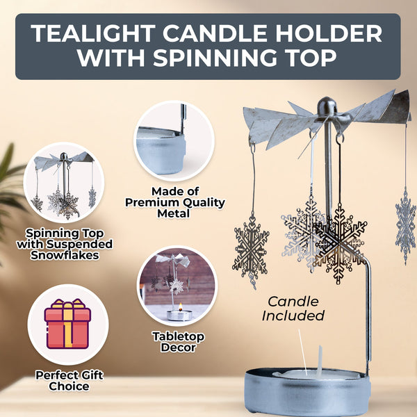 Silver Small 6" Metal Candle Holder with 1 Tealight Candle, Spinning Top, Diwali Gifts, Desk Altar Living Room Decor