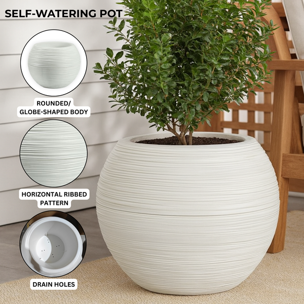 Round White Self Watering Plant Pot, Indoor Home, Office, Patio, Front Porch, Decor, 18" Succulent Planter-Sona Casa