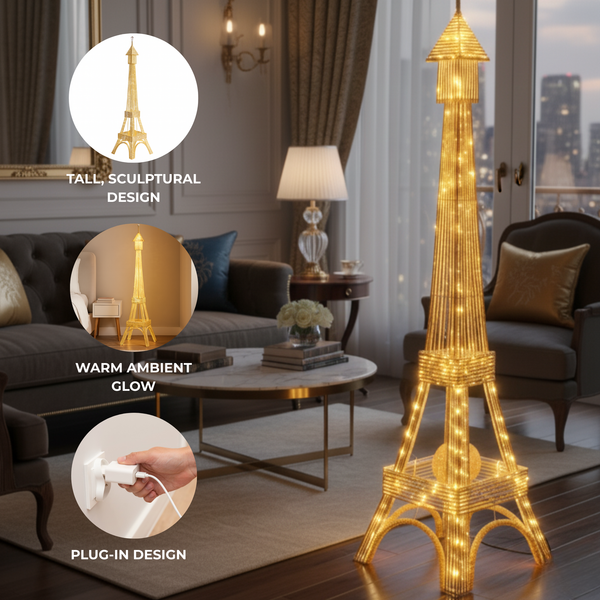 Tall Eiffel Tower LED Floor Lamp 63 inch Modern Decorative Paris France Model with Gold Frame & White LED Ambient, Home Decor Lighting, Remote Control-Sona Casa