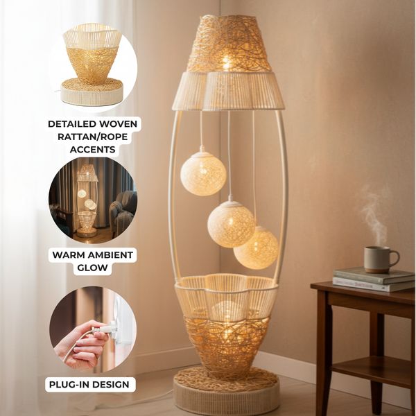 Tall LED Floor Lamp with Off White Cane Balls, Handmade Modern Decorative Accent, Ambient LED Lighting, Home Decor-Sona Casa