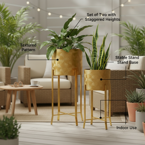 Rustic Gold Metal Pair of Planters with Detachable & Foldable Stand, Indoor Ornament for Fresh or Faux Plants Home Decor Gifts-Sona Casa