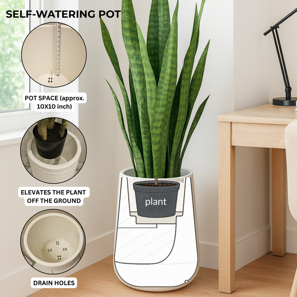 Modern Tall White Indoor Self Watering Decorative Planter, 19 in Contemporary Flower Pot Home, Office Decoration, Gift-Sona Casa