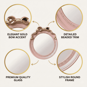Round Pink 18-Inch Mirror with Gold Bow Decorative Wall Mirror, Gifts for Her, Accent Decor by Sona Casa