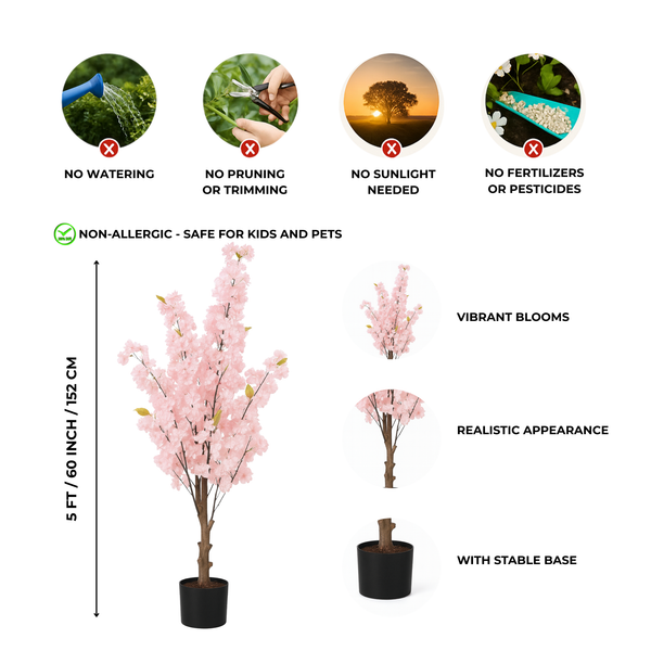 Large Nearly Natural Fake Light Pink Sichuan Cherry Blossom, 5 ft Lifelike Tall Artificial Tree, Indoor Decor for Living Room, Office, Patio-Sona Casa
