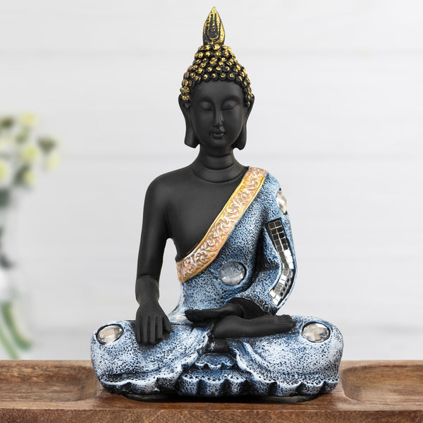Small Buddha Statue, 8" Black Meditating Decorative Desk Sculpture, Living Room Home Office Zen Decor, Spiritual Gifts