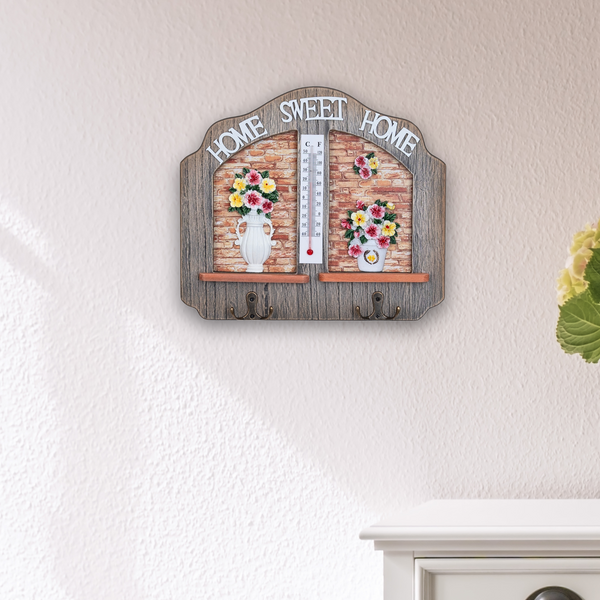 Farmhouse Wooden Key Holder Rack with Thermometer & 2 Double Hooks, Beige 10" Home Entryway Decoratiive Key Hangers, Decor Gifts