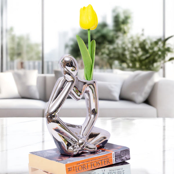 Unique Silver Ceramic Bud Vase, 7" Abstract Thinker Statue, Table, Shelf, Desk Decoration, 1 Tulip Flower Included