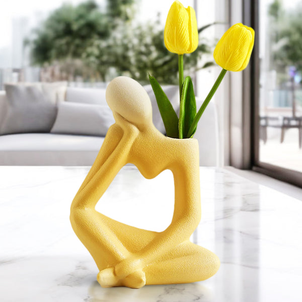 Abstract Ceramic Yellow Bud Vase With 1 Tulip Stem, 7" Table Vase for Fresh or Fake Flowers, Living Room, Office Decor
