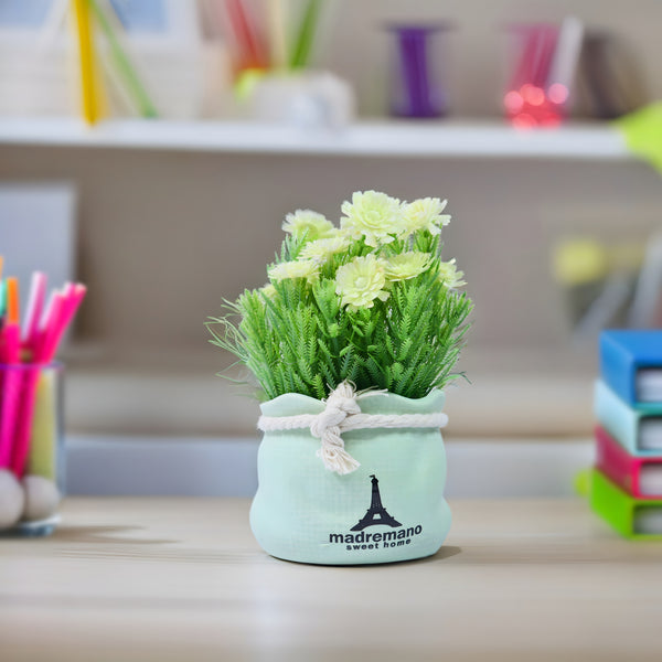 Small Flower Vase with Faux Flowers Tabletop Centerpiece for Home of Office Decor, Green 6 inch 15 cm by Sona Casa