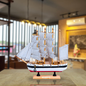 Wooden Ship Model, Cloth Sails, 9" Nautical Tabletop Decor by Sona Casa