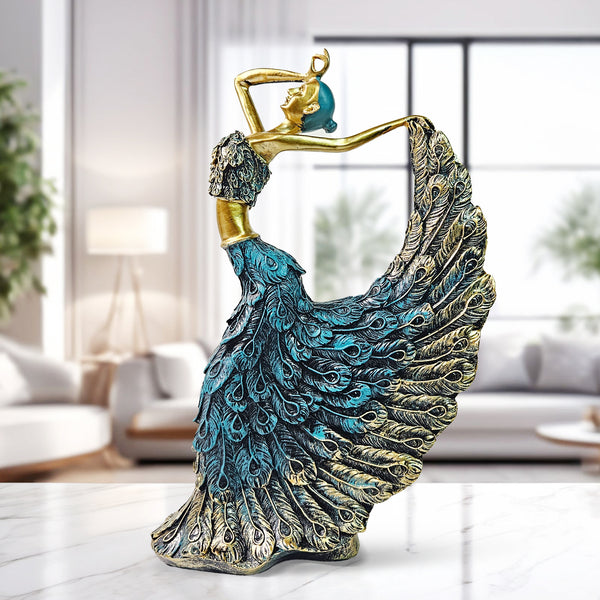 Peacock Feather Dancing Lady Figurine, Ballerina Statue, 11" Shelf, Mantle, Table, Desk Decor Centerpiece