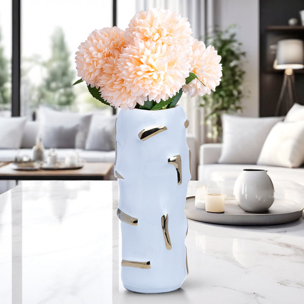 White Ceramic Vase, Golden Accent, Fresh or Faux Flowers, 12" Table Decor