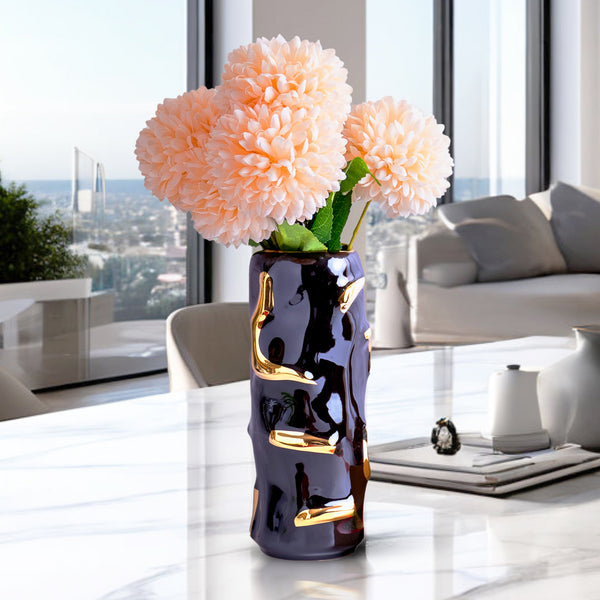 Abstract Black Ceramic Vase, Golden Highlights, 12" Table Decor