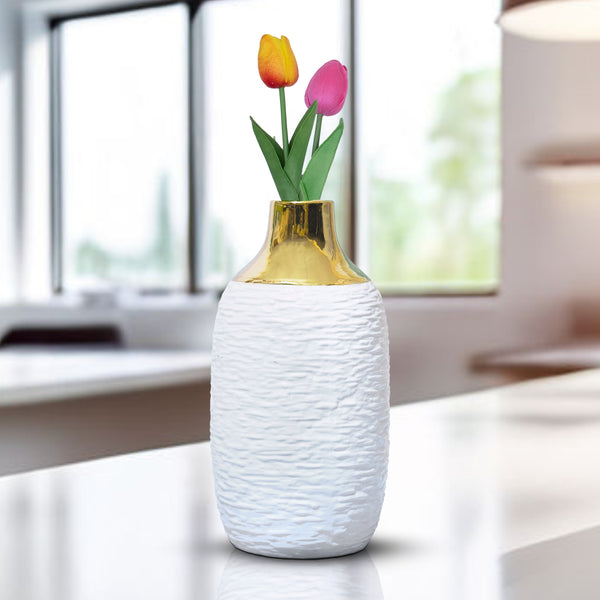 White Ceramic Vase, Golden Rim, 12" Abstract Tabletop Decor