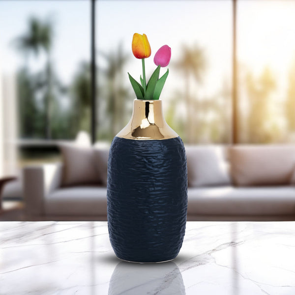 Black Ceramic Minimalist Vase With Golden Rim, 12" Modern Flower Vase
