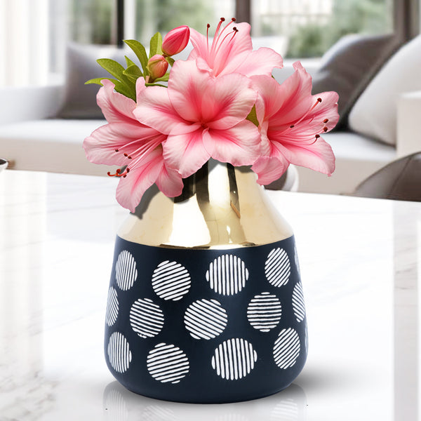 Black Ceramic Tulip Vase, Abstract, Golden Rim, 8" and 13" Table Vase Pair