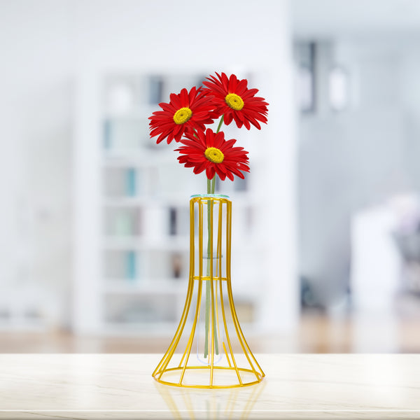 Hydroponic Vase, Gold Metal, Glass Propagation Terrarium Pot 7" Tabletop by Sona Casa