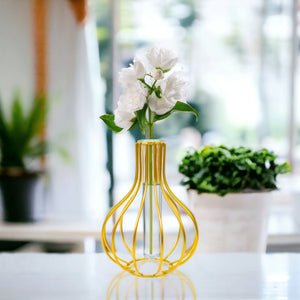 Gold Metal Hydroponic Flower Pot, Glass Propagation Tube, 7" Indoor Decor by Sona Casa