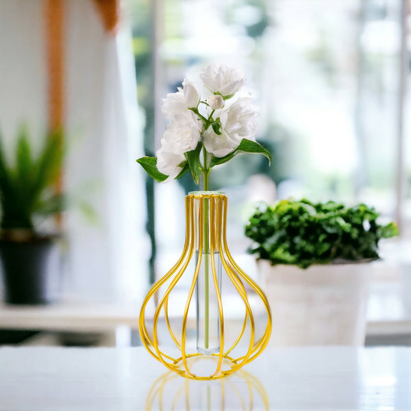 Gold Metal Hydroponic Flower Pot, Glass Propagation Tube, 7" Indoor Decor by Sona Casa