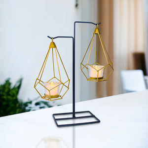 Gold Candle Holder, Metal Frame, 2 Glass Containers, 14" Home Decor