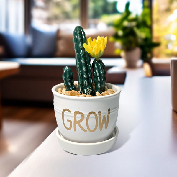 Artificial Potted Plant in White Planter, 5" Mini Columnar Cactus Decor by Sona Casa