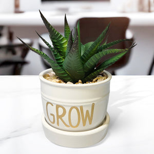 Fake Haworthia Succulent in White Ceramic Planter 5" Tabletop Centerpiece by Sona Casa