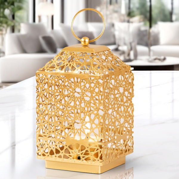 Golden Tealight Lantern Candle Holder, 7" Metal Holder, Indoor Outdoor Decor with 1 Tealight Candle