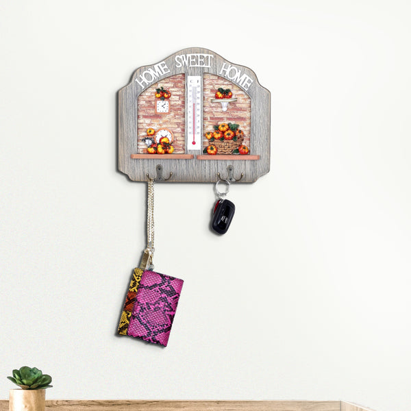 Wooden Entryway Key Holder Rack Hanger with Thermometer, 2 Double Hooks Home Office Organizer, Gifts