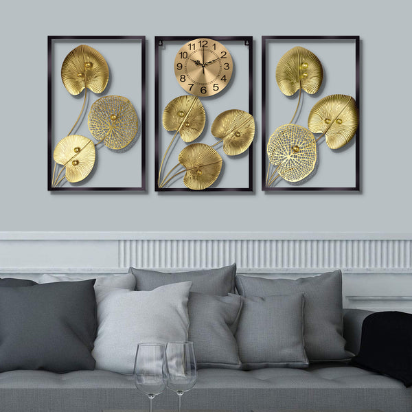 Extra Large Golden Decorative Wall Clock, 24" Silent Non Ticking Clock with Decorative Panels Wall Decor