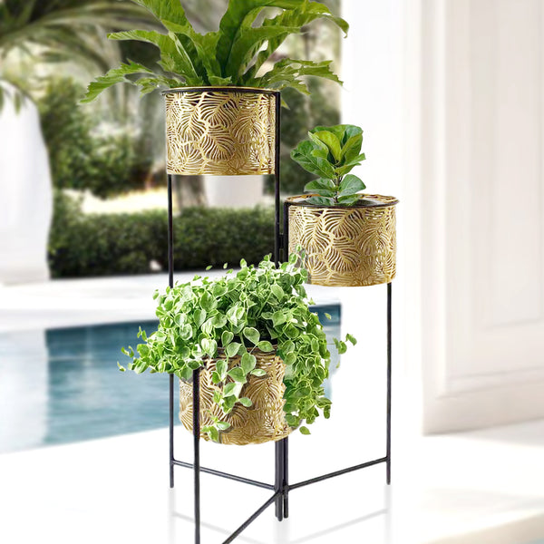 Indoor Metal Planters, 32" Golden Living Room Patio Decor, 3-Tier Rustic Farmhouse Plant Pots with Stand