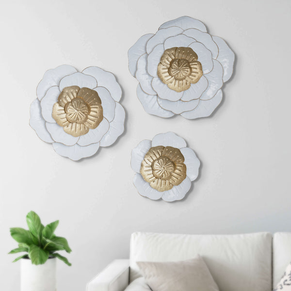 Trio Elegant Home Decorations, 3 Set 22" Metal Flower Wall Art, Floral White Gold Modern Home Office Decor