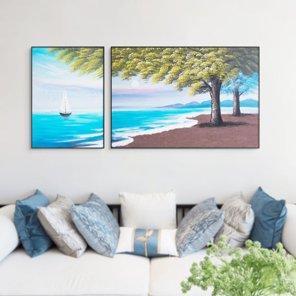 Large Lake Canvas Painting Set, 59" Wide Landscape Painting, Impasto 3D Art
