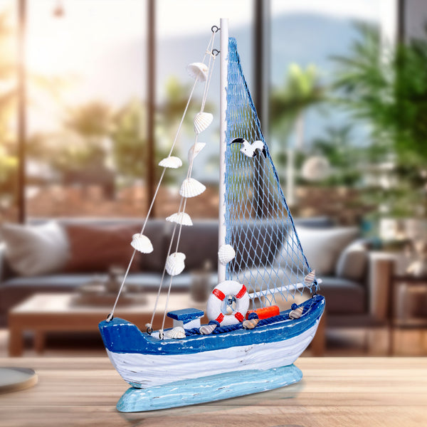 Handmade Wooden Sailboat, 15" Nautical Table Sculpture, Rustic Boat Model, Desk Shelf Decor, Gifts