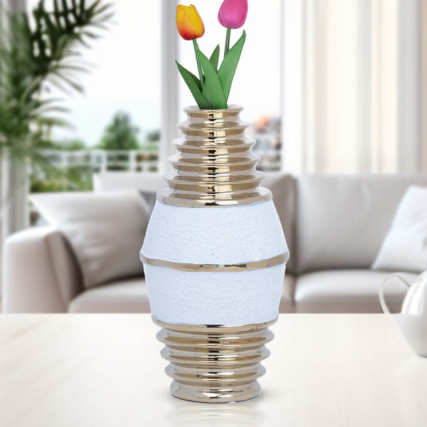 White Ceramic Tulip Vase, Golden Rims, 11" Modern Table Desk Shelf Centerpiece Decor, Unique Gifts
