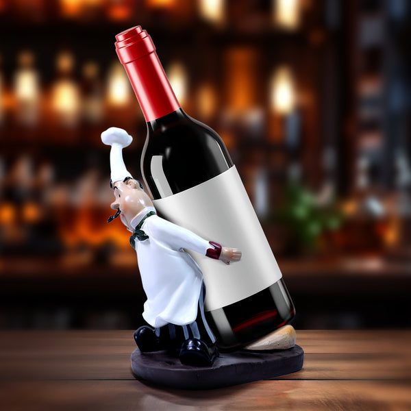 Wine Bottle Holder, Cute Polyresin Chef 750mL Bottle Organizer, Kitchen Countertop Decor 6 inch, 20 cm