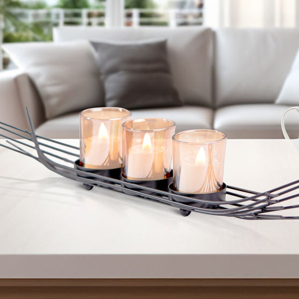 Black Metal Decorative Tealight Candle Holder, 15" Wide, 3 Glass Containers, Modern Abstract Design, Unique Gifts