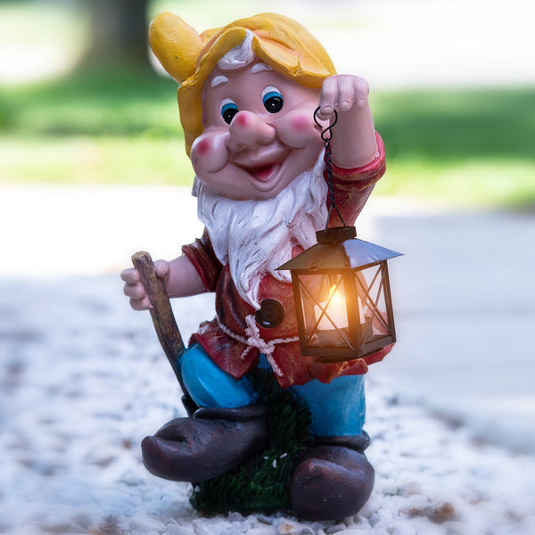 Outdoor Gnome Statue, Metal Lantern, Large 16" Yard Art