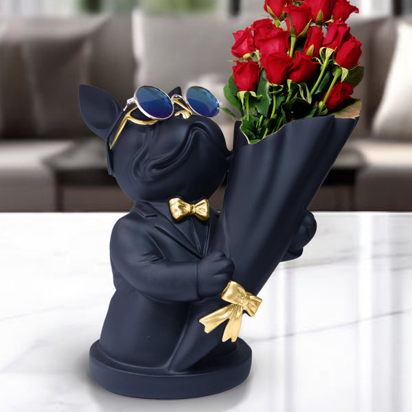 Dog Statue with Bouquet Holder Black Home Decor Accent, Polyresin Artwork Tabletop Centerpiece 9 inch 22 cm