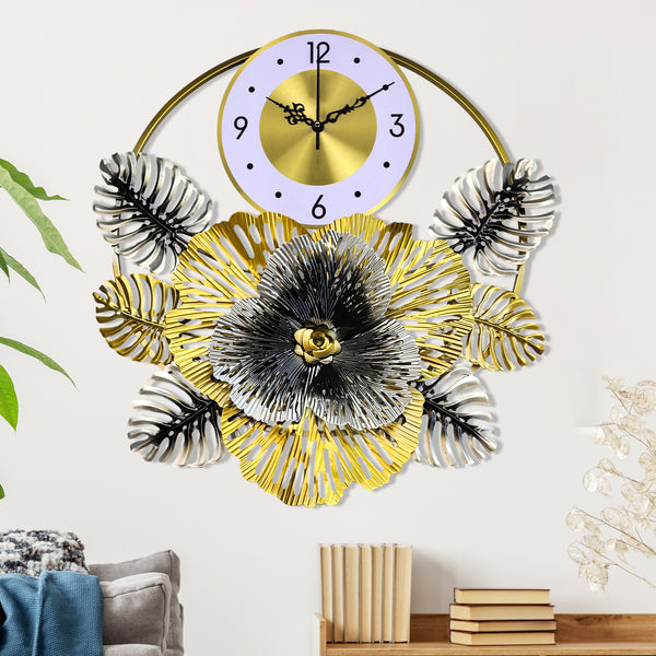 Floral Metal Wall Clock, 24" Home Decor, Silent Nonticking Extra Large Decorative Clock Wall Decor