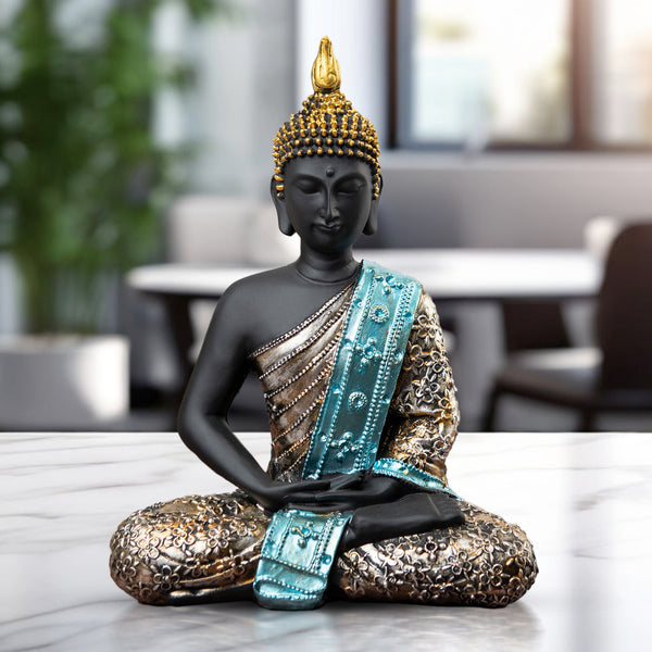 Small Meditating Buddha Statue, Black Gold Figurine, 11" Living Room Desk Sculpture, Shelf Decor, Spiritual Gifts, Collectibles by Sona Casa