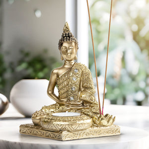 Golden Buddha Statue & Incense Holder, 6" Tabletop Decor by Sona Casa