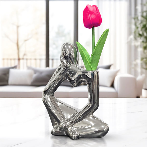 Unique Silver Ceramic Bud Vase, 7" Abstract Thinker Statue, Table, Shelf, Desk Decoration, 1 Tulip Flower Included
